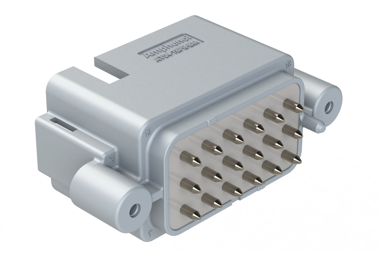 AT04-18PE-BM14 18 Position PCB Receptacle, Flangeless, Self-Threading, Keyed E, Nickel Plated Contacts Included, Potted, Grey Body