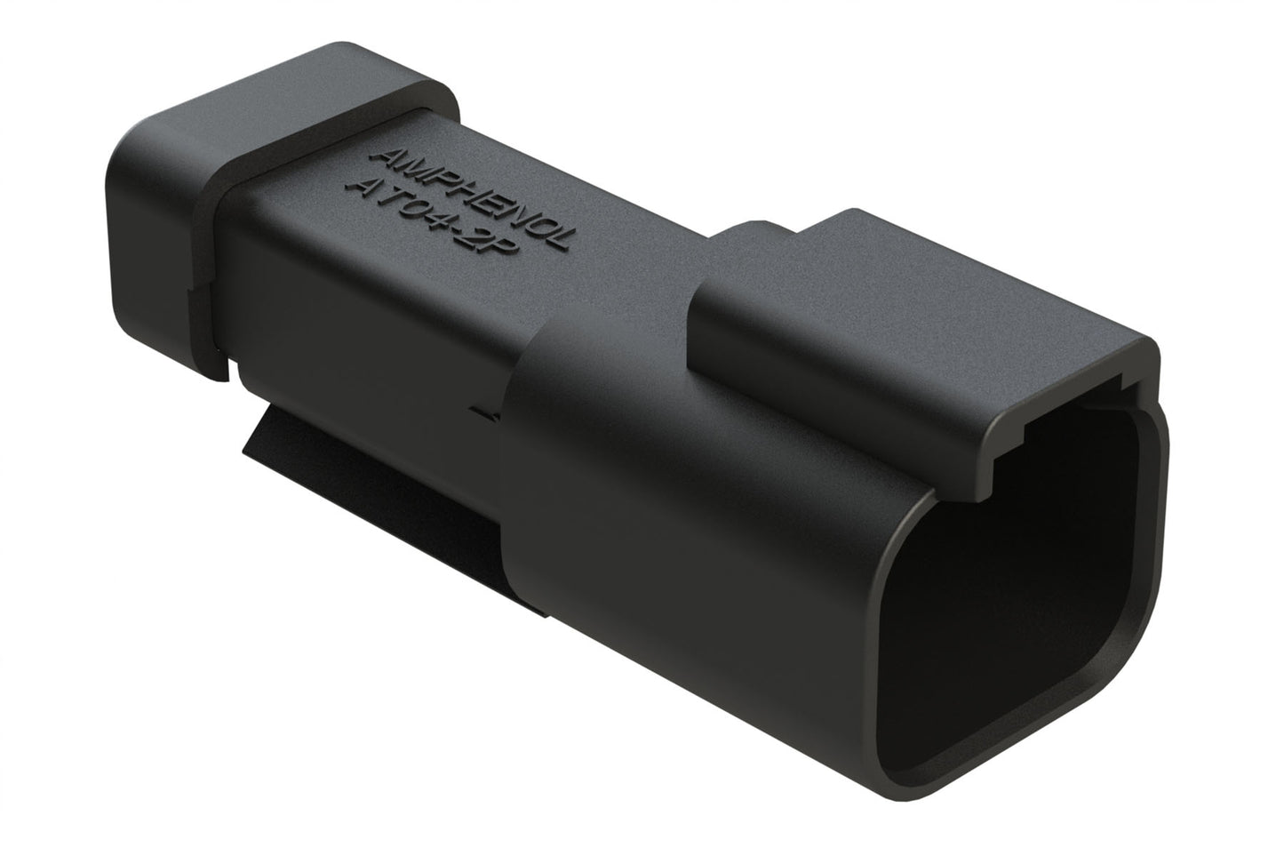 AT04-2P-MM01BLK 2-Way Receptacle, Male Connector with Reduced Diameter Seal (E-Seal) and End Cap, Black. DT04-2P-CE03