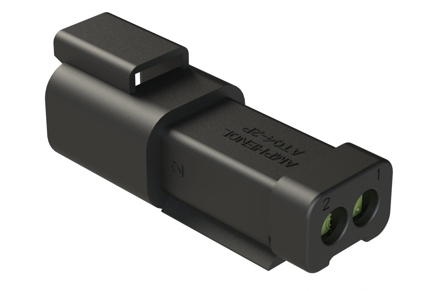 AT04-2P-MM01BLK 2-Way Receptacle, Male Connector with Reduced Diameter Seal (E-Seal) and End Cap, Black. DT04-2P-CE03