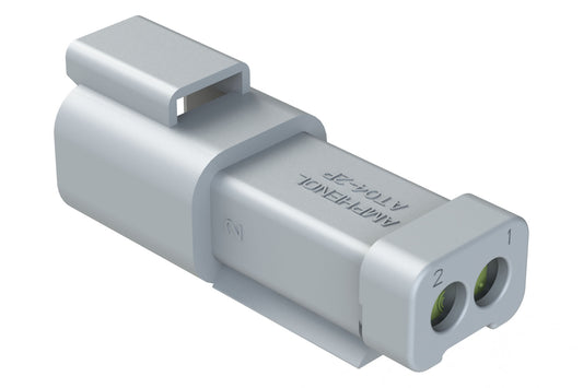 AT04-2P-MM01 2-Way Receptacle, Male Connector with Reduced Diameter Seal (E-Seal) and End Cap, Grey. DT04-2P-CE01