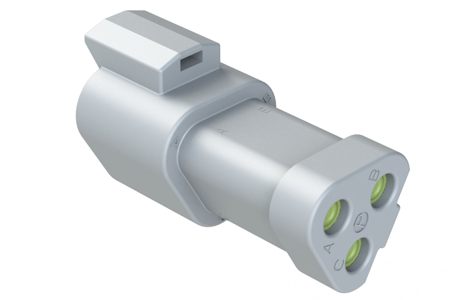 AT04-3P-MM01 3-Way Receptacle, Male Connector with Reduced Diameter Seal (E-Seal) and End Cap, Grey. DT04-3P-CE01