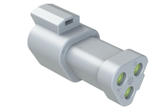 AT04-3P-MM01 3-Way Receptacle, Male Connector with Reduced Diameter Seal (E-Seal) and End Cap, Grey. DT04-3P-CE01