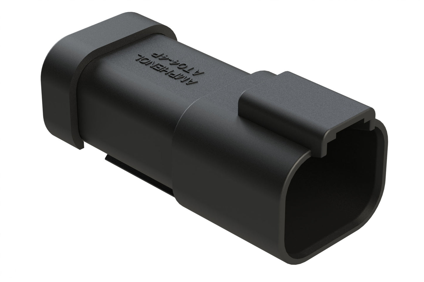 AT04-4P-MM01BLK 4-Way Receptacle, Male Connector with Reduced Diameter Seal (E-Seal) and End Cap, Black. DT04-4P-CE03