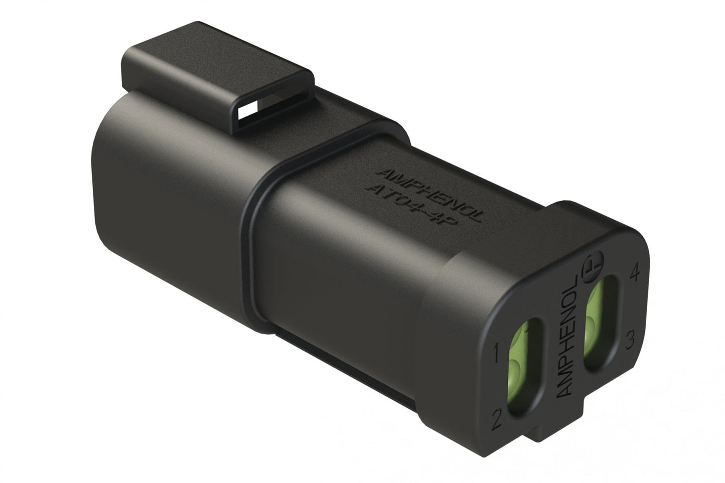 AT04-4P-MM01BLK 4-Way Receptacle, Male Connector with Reduced Diameter Seal (E-Seal) and End Cap, Black. DT04-4P-CE03