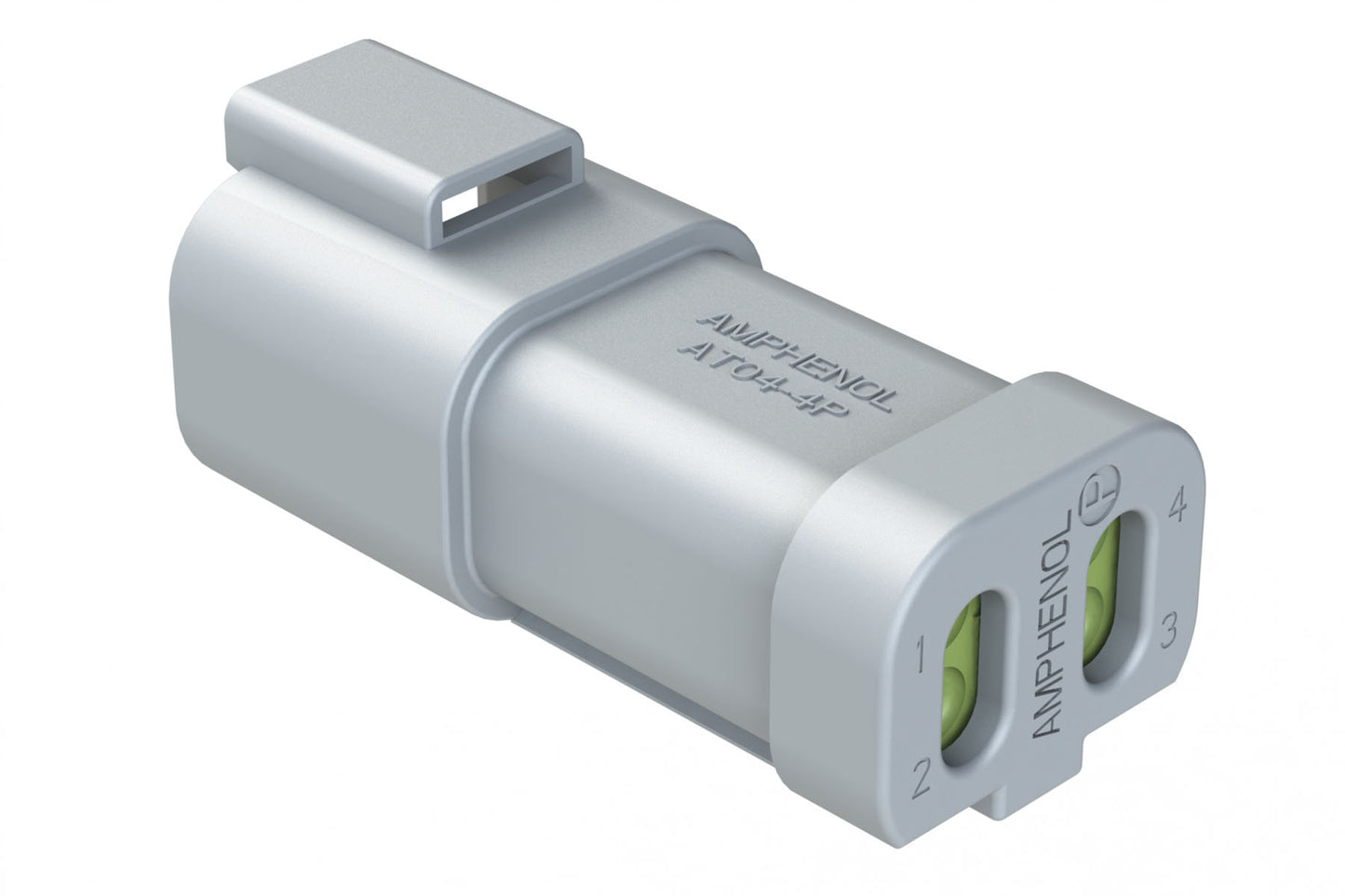 AT04-4P-MM01 4-Way Receptacle, Male Connector with Reduced Diameter Seal (E-Seal) and End Cap, Grey. DT04-4P-CE01