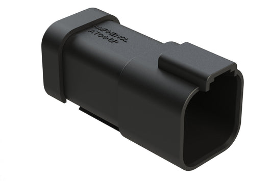 AT04-6P-MM01BLK 6-Way Receptacle, Male Connector with Reduced Diameter Seal (E-Seal) and End Cap, Black. DT04-6P-CE03