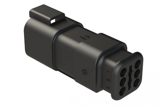 AT04-6P-SR02BLK 6-Way Receptacle Male Connector with Strain Relief Endcap and Reduced Seal, Black. DT04-6P-CE09