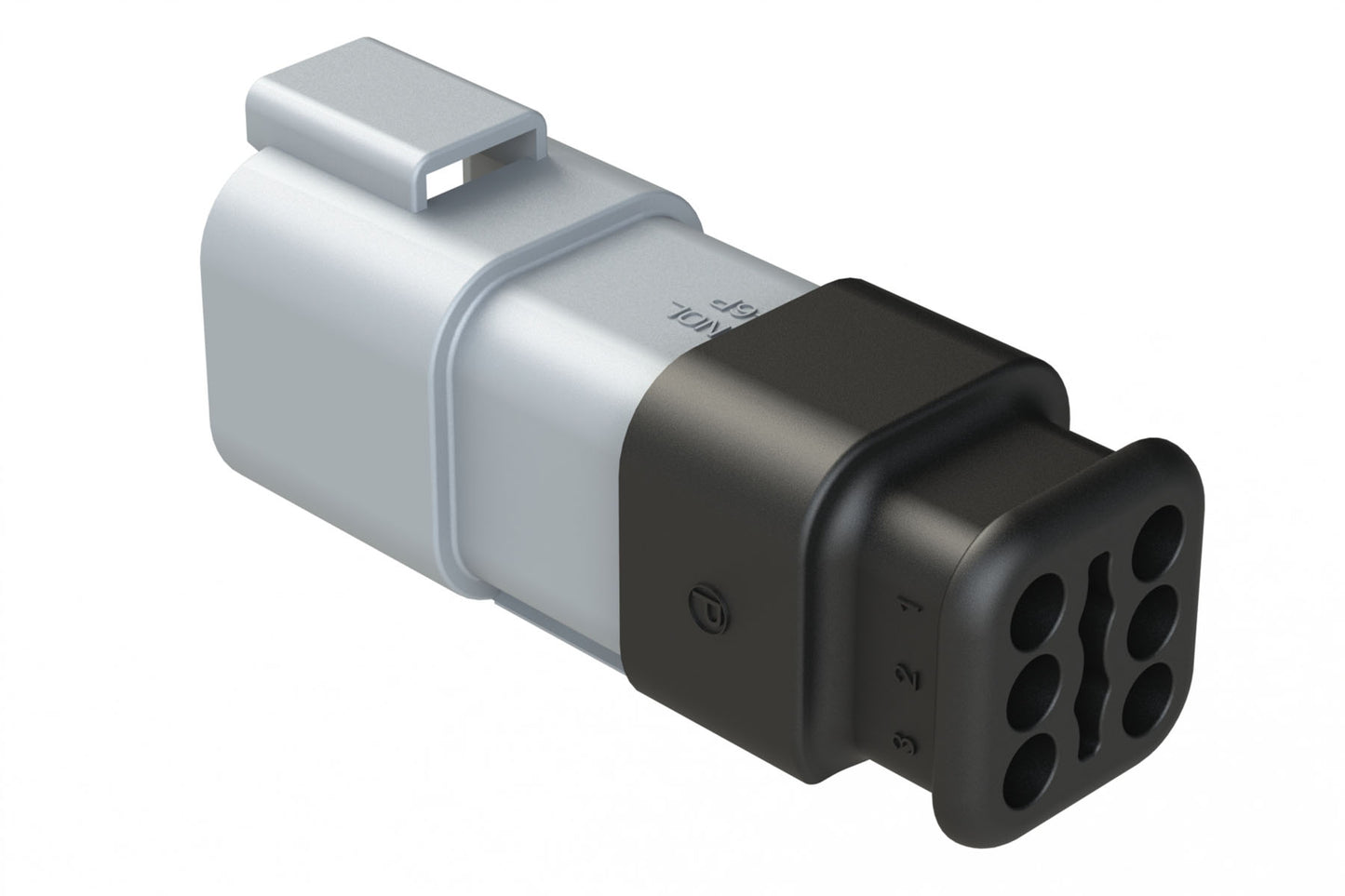 AT04-6P-SR02GRY 6-Way Receptacle Male Connector with Strain Relief Endcap and Reduced Seal, Grey. DT04-6P-CE04