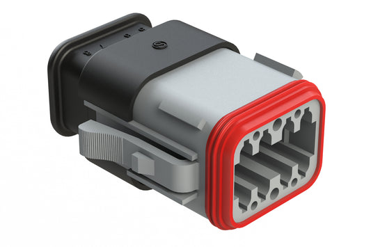 AT06-08SA-SRGRY 8-Way Plug Female Connector with Strain Relief Endcap, Standard Seal, A Key, Grey. DT06-08SA-E008