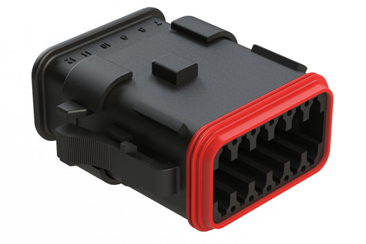 AT06-12SA-SR2BK 12-Way Plug, Female Connector with A Position Key and Reduced Diameter Seal, Strain Relief Endcap, Black. DT06-12SA-CE12