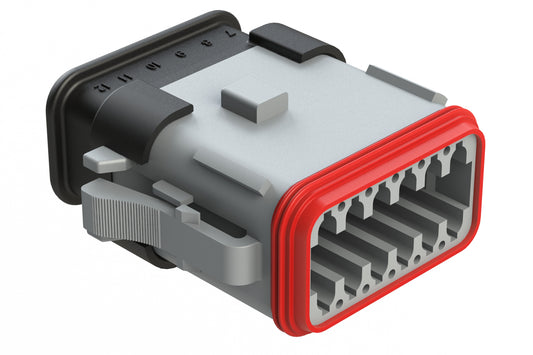 AT06-12SA-SR2GY 12-Way Plug, Female Connector with A Position Key and Reduced Diameter Seal, Strain Relief Endcap, Grey. DT06-12SA-CE13, DT06-12SA-CE04