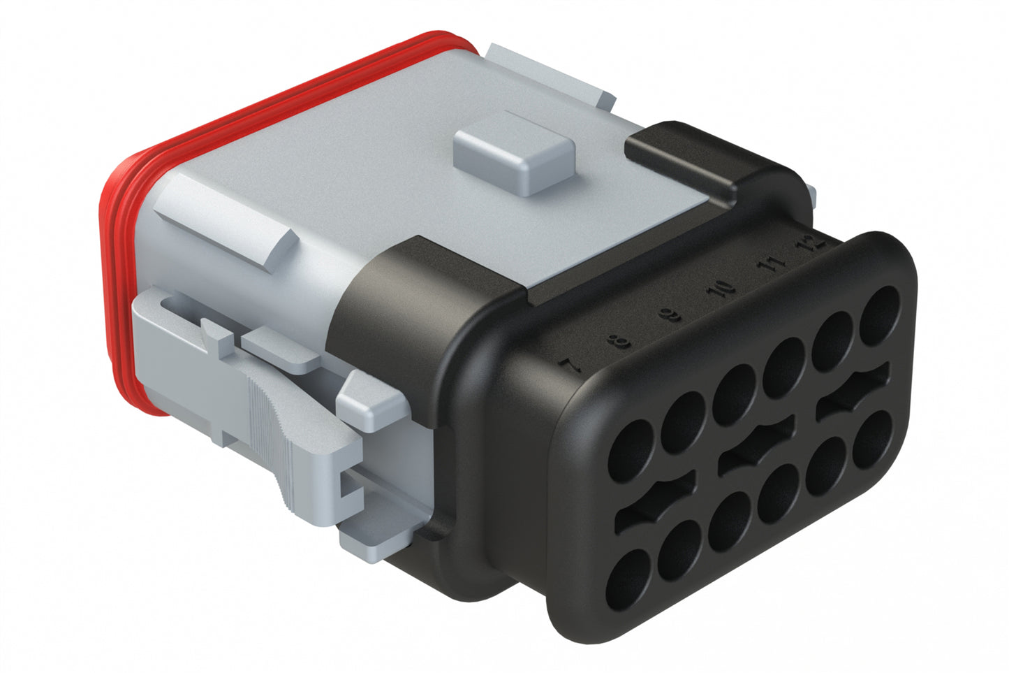 AT06-12SA-SR2BK 12-Way Plug, Female Connector with A Position Key and Reduced Diameter Seal, Strain Relief Endcap, Black. DT06-12SA-CE12