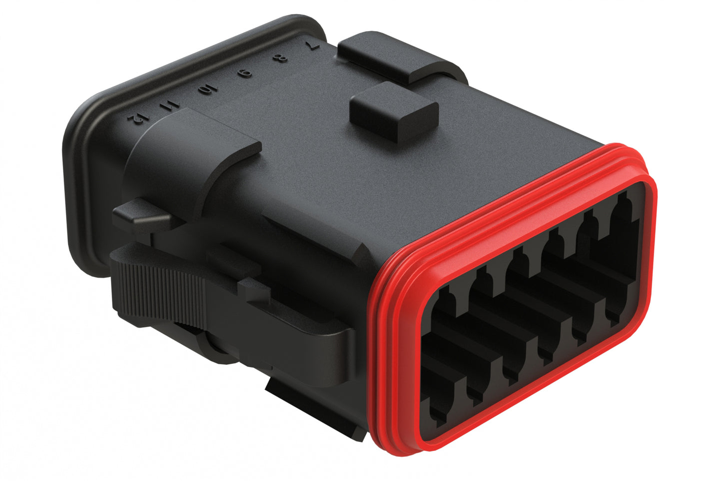 AT06-12SB-SRBK 12-Way Plug Female Connector with Strain Relief Endcap, Standard Seal, B Position Key, Black. DT06-12SB-E008