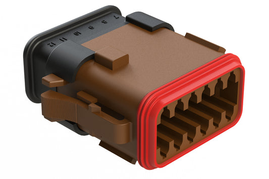 AT06-12SD-SRBR 12-Way Plug Female Connector with Strain Relief Endcap, Standard Seal, D Position Key, Brown. DT06-12SD-E008