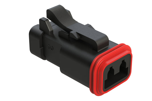 AT06-2S-MM01BLK 2-Way Plug, Black Female Connector with Reduced Diameter Seal (E-Seal) and Enhanced Seal Retention (P012) and End Cap, Black. DT06-2S-CE05