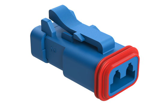 AT06-2S-MM01BLU 2-Way Plug, Black Female Connector with Reduced Diameter Seal (E-Seal) and Enhanced Seal Retention (P012) and End Cap, Blue