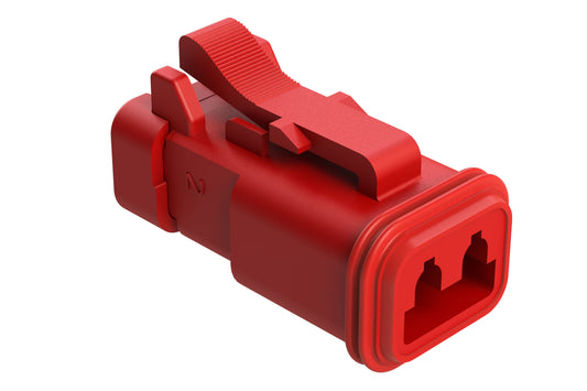 AT06-2S-MM01RED 2-Way Plug, Black Female Connector with Reduced Diameter Seal (E-Seal) and Enhanced Seal Retention (P012) and End Cap, Red