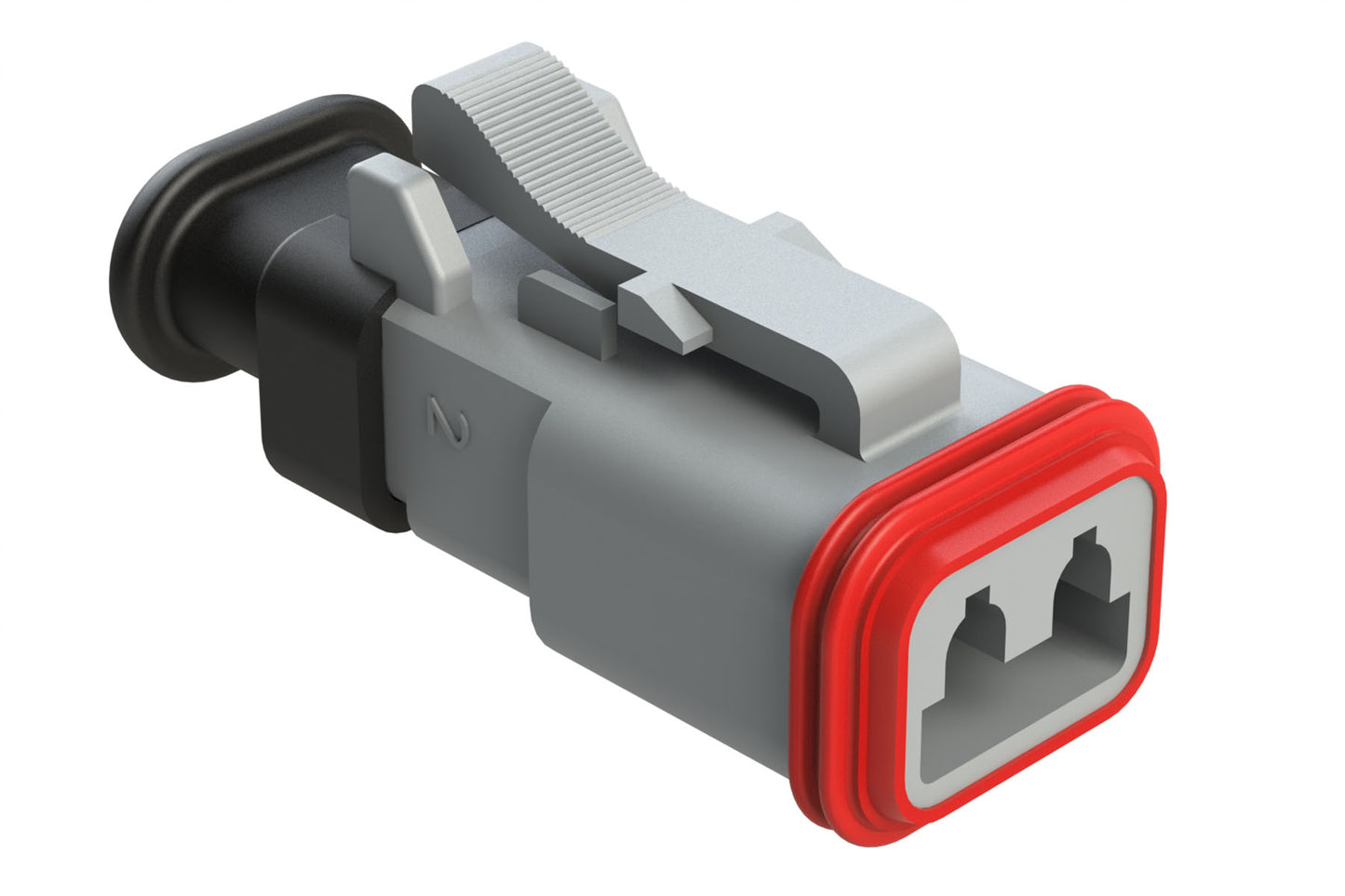 AT06-2S-SR01GRY 2-Way Plug Female Connector with Strain Relief Endcap, Standard Seal, Grey. DT06-2S-E008