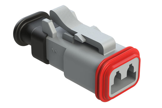 AT06-2S-SR01GRY 2-Way Plug Female Connector with Strain Relief Endcap, Standard Seal, Grey. DT06-2S-E008