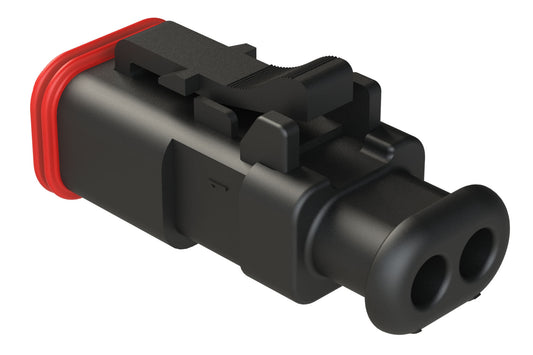 AT06-2S-SR02BLK 2-Way Plug Female Connector with Strain Relief Endcap, and Reduced Seal, Black. DT06-2S-TE82