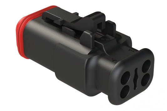 AT06-4S-SR01BLK 4-Way Plug Female Connector with Strain Relief Endcap, Standard Seal, Black. DT06-4S-EP11