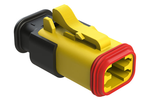 AT06-4S-SR02YEL 4-Way Plug, Female Connector with Reduced Diameter Seal (E-Seal), Strain Relief Endcap, Yellow