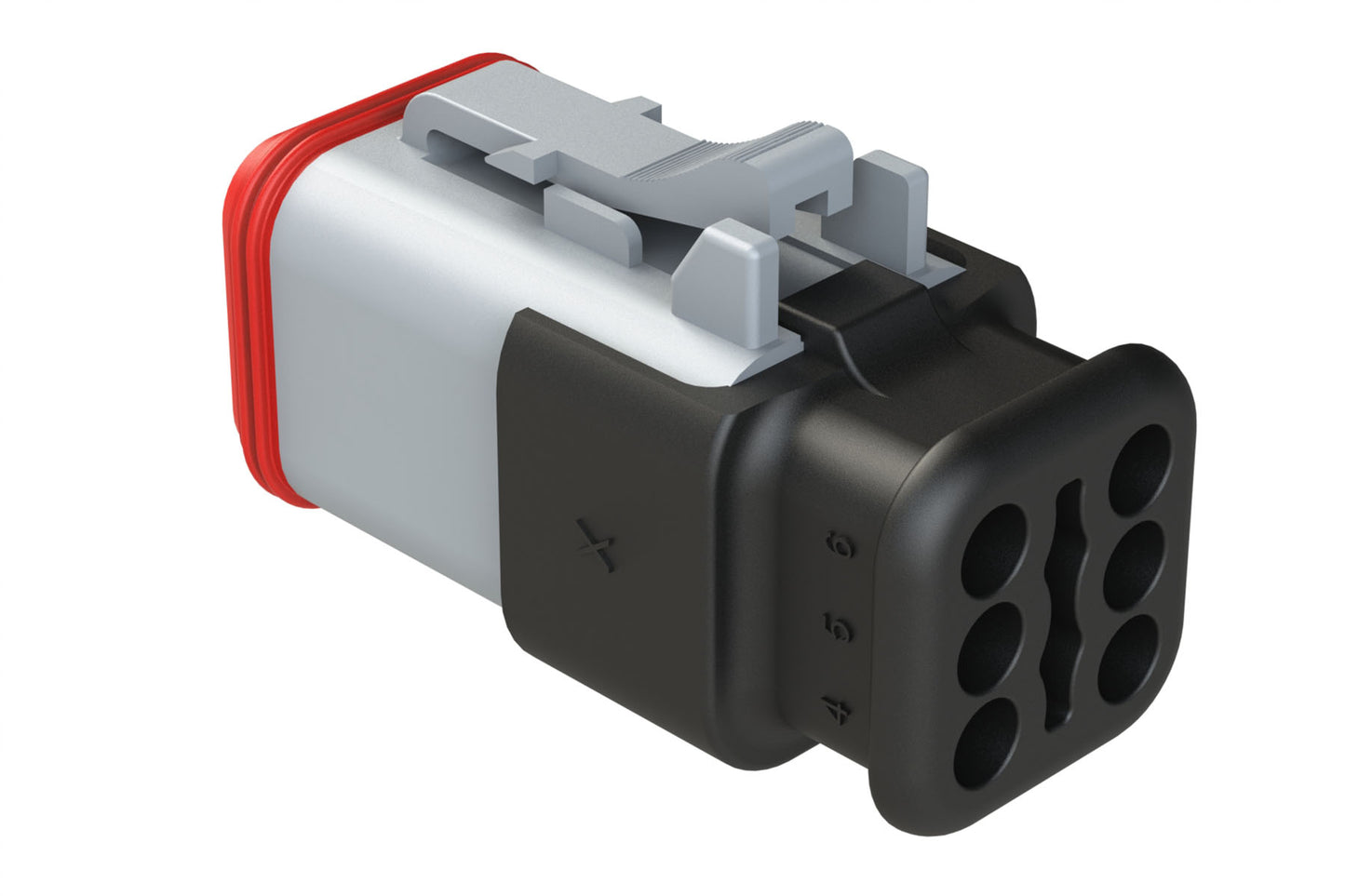 AT06-6S-SR01GRY 6-Way Plug Female Connector with Strain Relief Endcap, Standard Seal, Grey. DT06-6S-E008