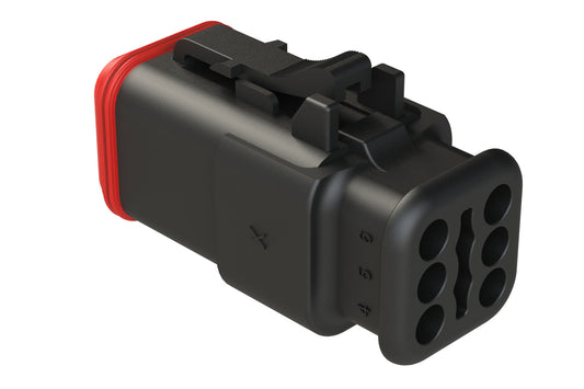AT06-6S-SR02BLK 6-Way Plug Female Connector with Reduced Diameter Seal, Strain Relief Endcap, Black. DT06-6S-CE12