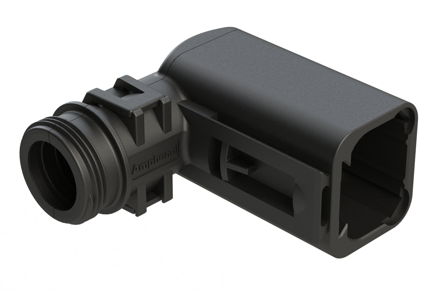 ATBS-238-0405 Backshell for 4 Position Receptacles, 90°. Cable Exit Designed for Corrugated Tube NW 6, 7.5 ,8.5 & 10. Enhanced Dovetail for Mounting Clips