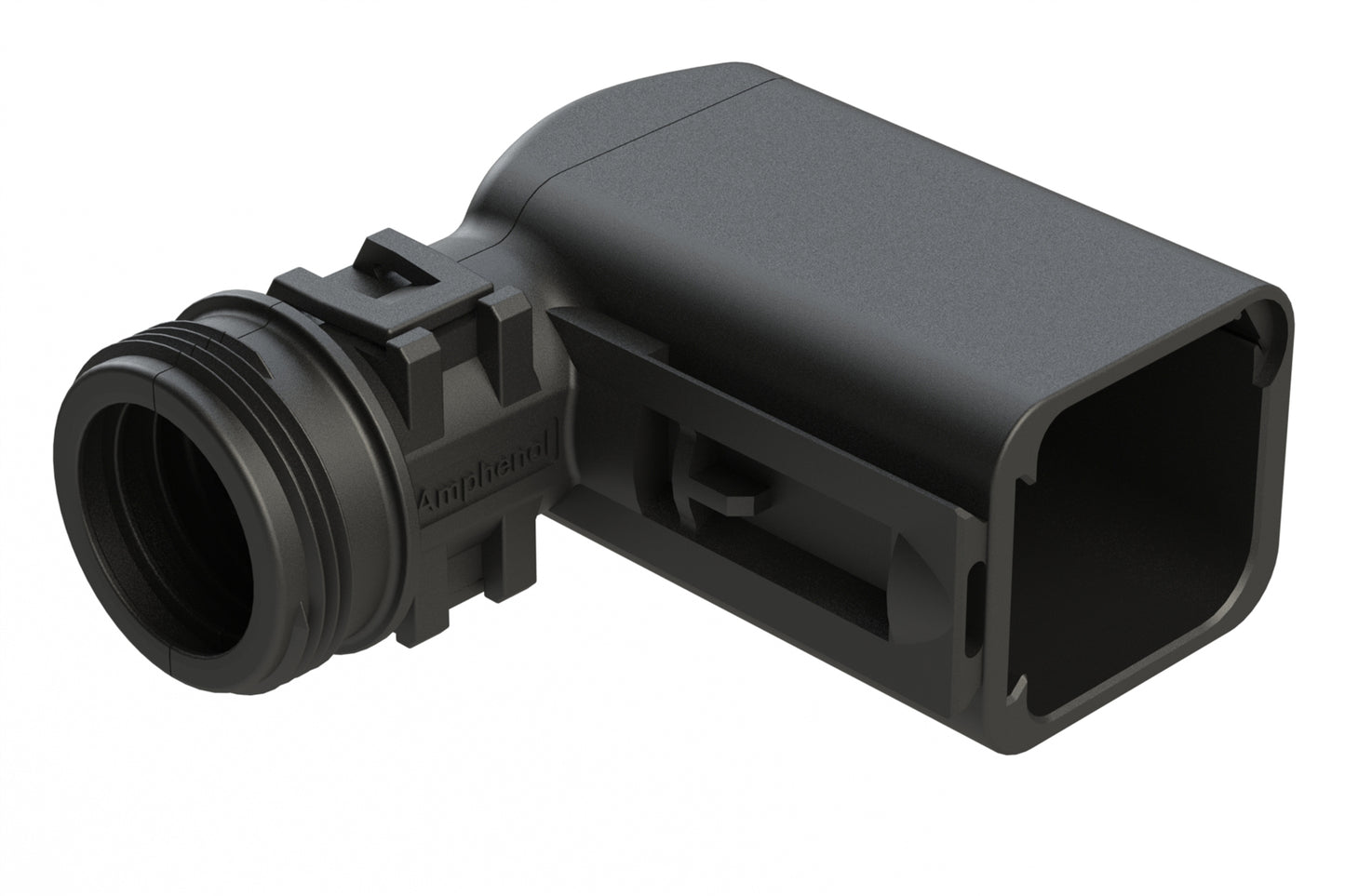 ATBS-242-0605 Backshell for 6 Position Receptacles, 90°. Cable Exit Designed for Corrugated Tube NW 8.5,10,13. Enhanced Dovetail for Mounting Clips