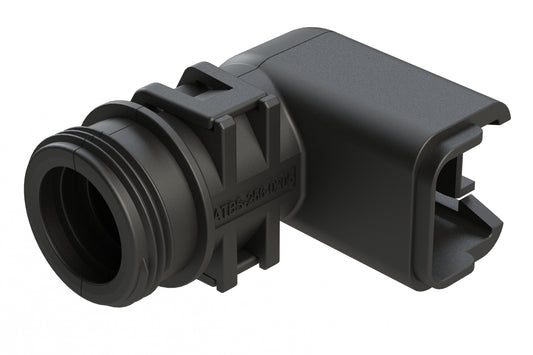 ATBS-256-0205 Backshell for 2 Position Plugs, 90°, with Strain Relief. Cable Exit Designed for Corrugated Tube NW 7.5, 8.5, 10