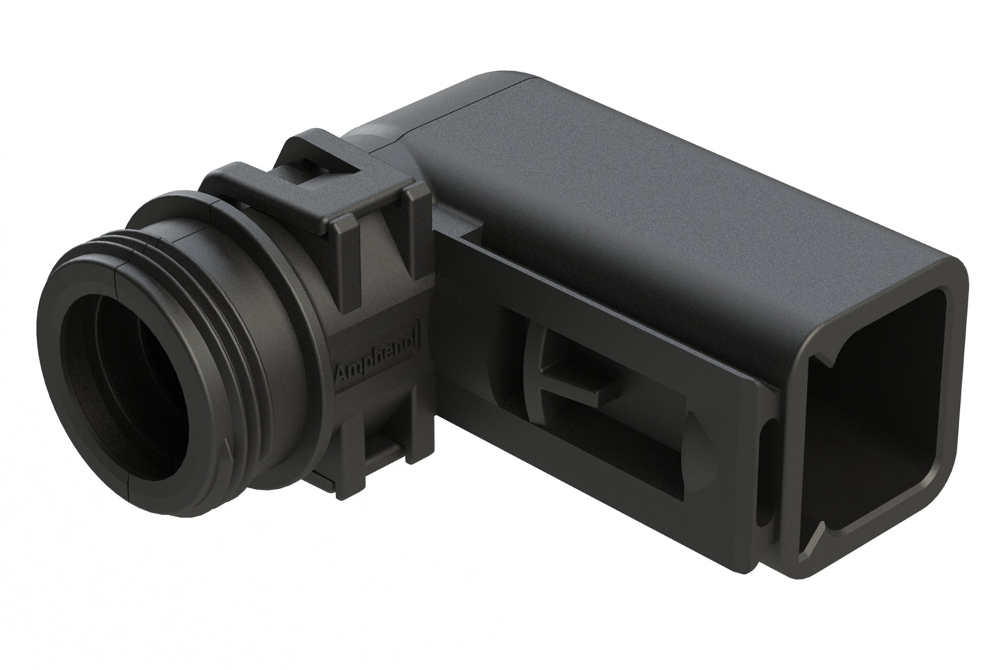 ATBS-258-0205 Backshell for 2 Position Receptacles, 90°, with Strain Relief. Enhanced Dovetail for Mounting Clips