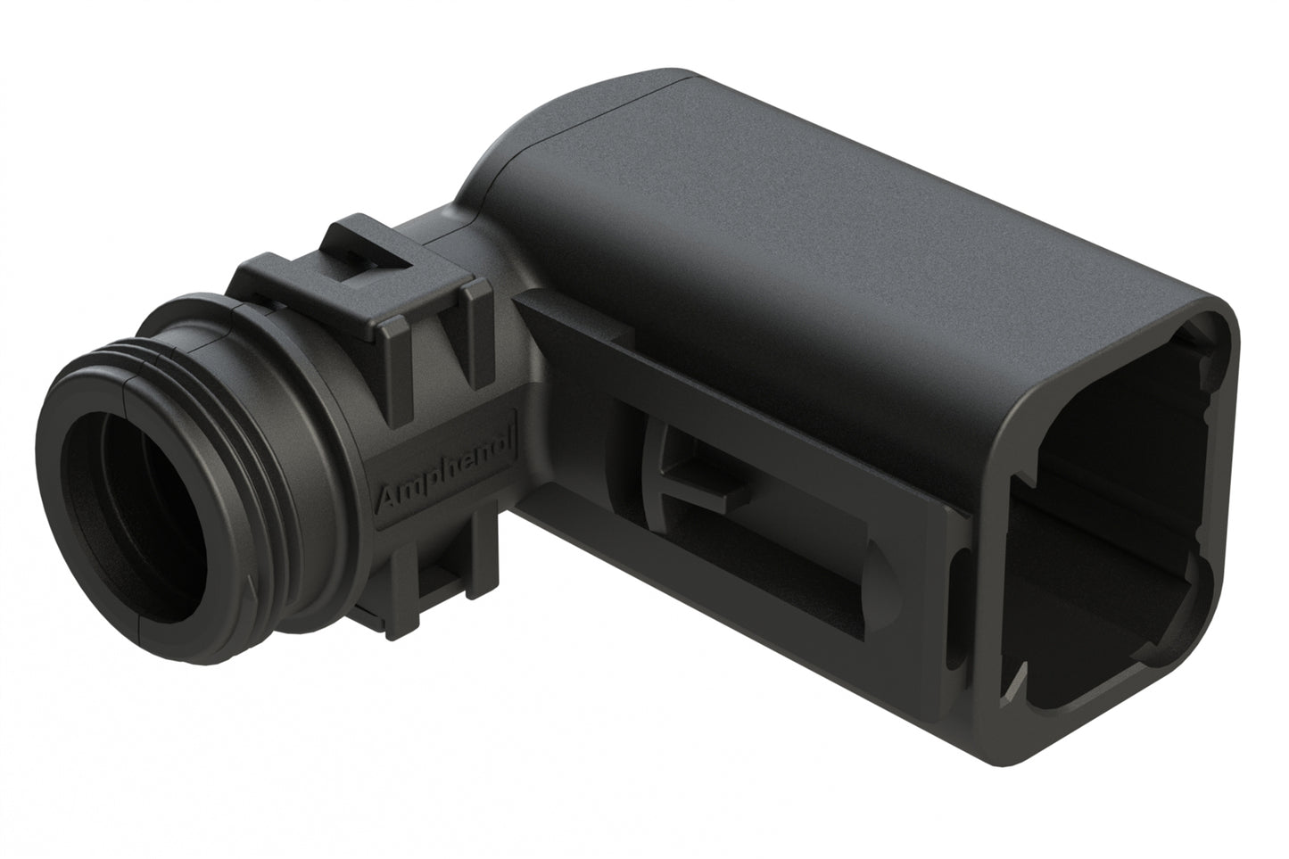 ATBS-266-0405 Backshell for 4  Position Receptacles, 90°, with Strain Relief. . Cable Exit Designed for Corrugated Tube NW 6, 7.5, 8.5 & 10. Enhanced Dovetail for Mounting Clips