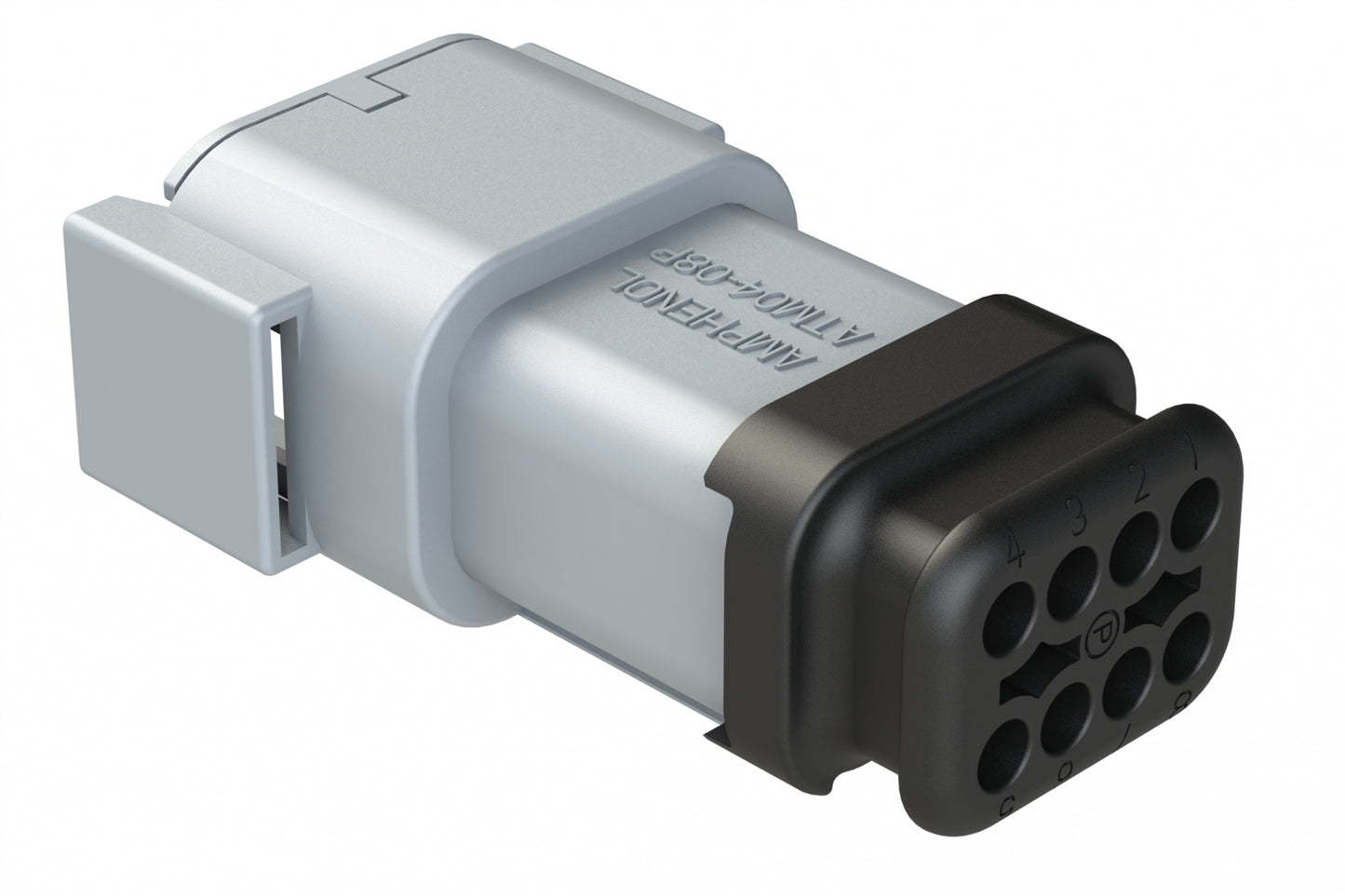 ATM04-08PA-SR1GY 8 Position, Receptacle, Pin, Standard Diameter Rear Seal (Red), SR01 Strain Relief, Keyed A, Grey Body (Requires Wedgelock AWM-8P.). DTM04-08PA-E007