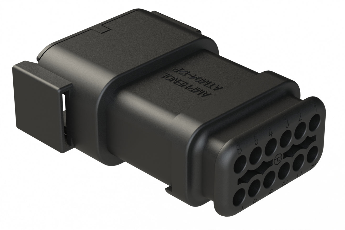 ATM04-12PB-SR1BK 12 Position, Receptacle, Pin, Standard Diameter Rear Seal (Red), SR01 Strain Relief, Keyed B, Black Body (Requires Wedgelock AWM-12P.). DTM04-12PB-E007