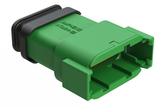ATM04-12PC-SR1GN 12 Position, Receptacle, Pin, Standard Diameter Rear Seal (Red), SR01 Strain Relief, Keyed C, Green Body (Requires Wedgelock AWM-12P.). DTM04-12PC-E007