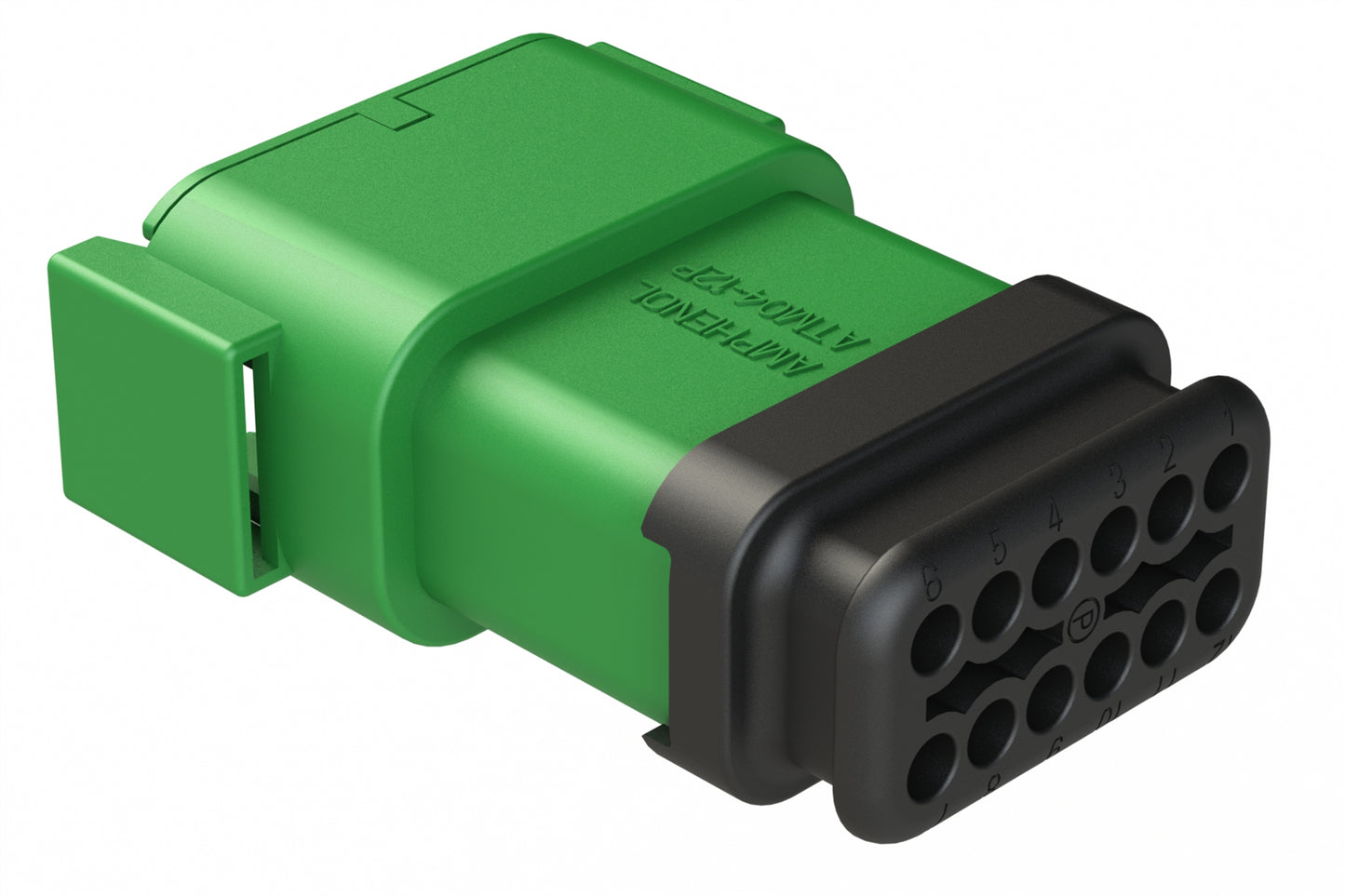 ATM04-12PC-SR1GN 12 Position, Receptacle, Pin, Standard Diameter Rear Seal (Red), SR01 Strain Relief, Keyed C, Green Body (Requires Wedgelock AWM-12P.). DTM04-12PC-E007