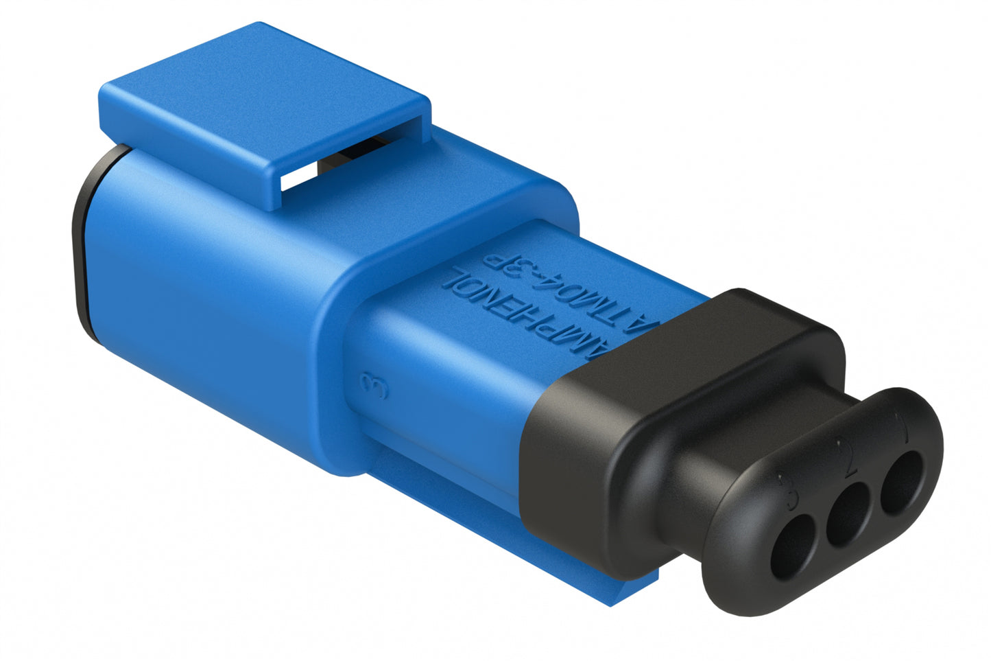 ATM04-3P-SR01BL 3 Position, Receptacle, Pin, Standard Diameter Rear Seal (Red), SR01 Strain Relief, Blue Body (Requires Wedgelock AWM-3P.)