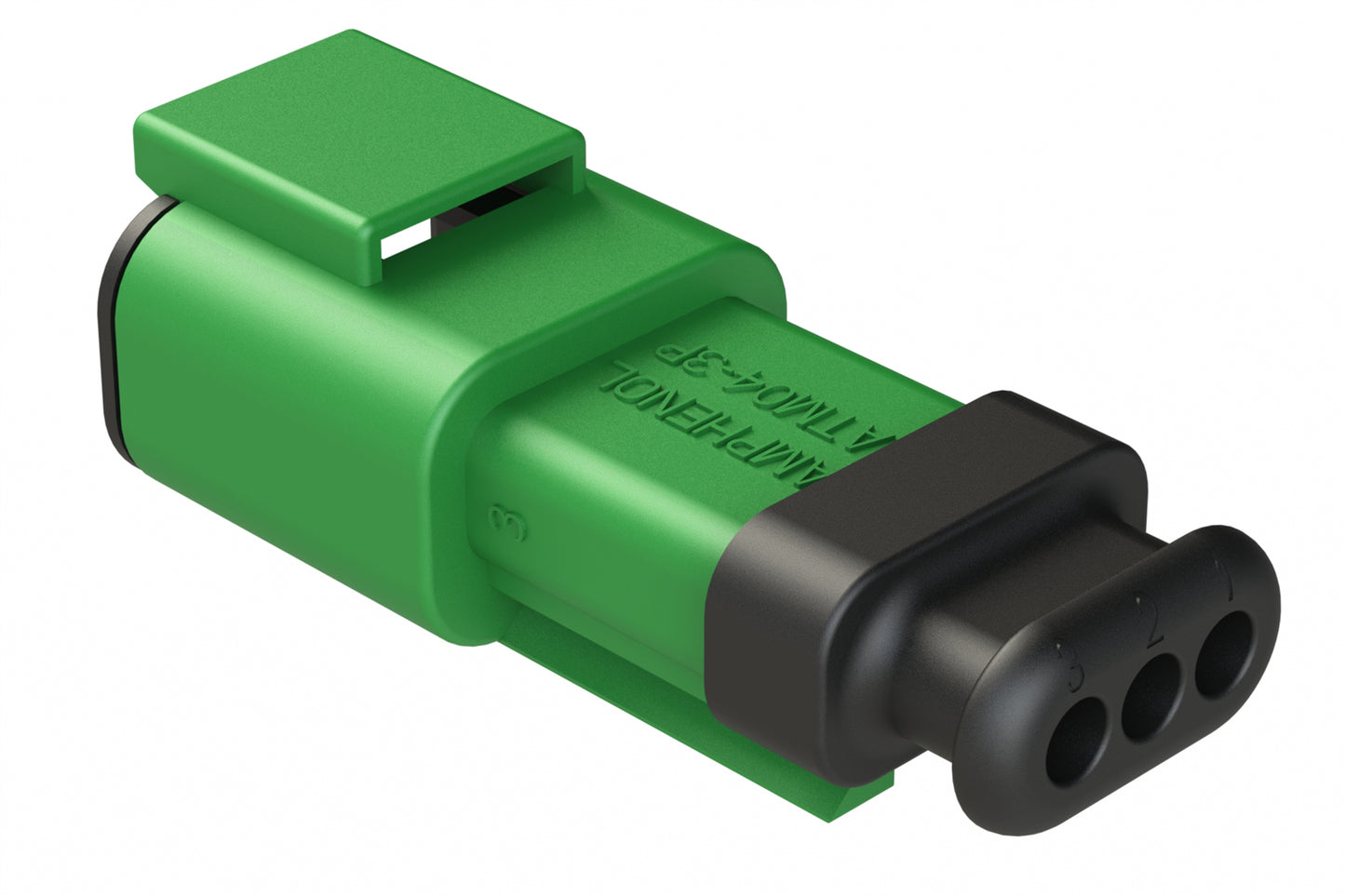 ATM04-3P-SR01GN 3 Position, Receptacle, Pin, Standard Diameter Rear Seal (Red), SR01 Strain Relief, Green Body (Requires Wedgelock AWM-3P.)