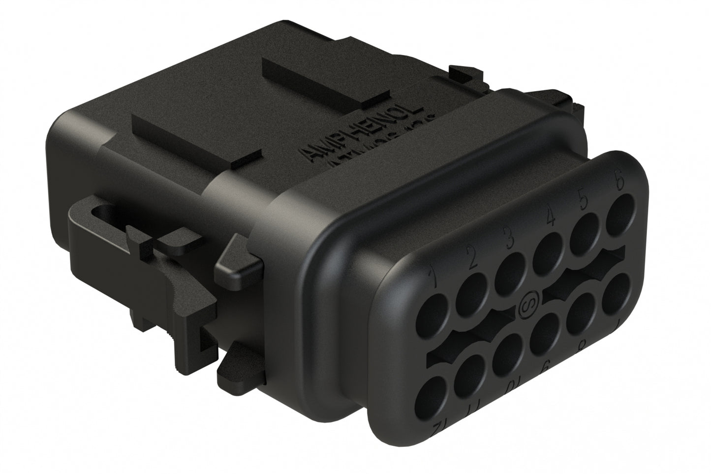 ATM06-12SB-SR1BK 12 Position, Plug, Socket, Standard Diameter Rear Seal (Red), SR01 Strain Relief, Keyed A, Black Body (Requires Wedgelock AWM-12S.). DTM06-12SB-E007