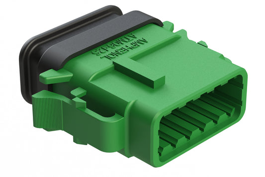 ATM06-12SC-SR1GN 12 Position, Plug, Socket, Standard Diameter Rear Seal (Red), SR01 Strain Relief, Keyed A, Green Body (Requires Wedgelock AWM-12S.). DTM06-12SC-E007
