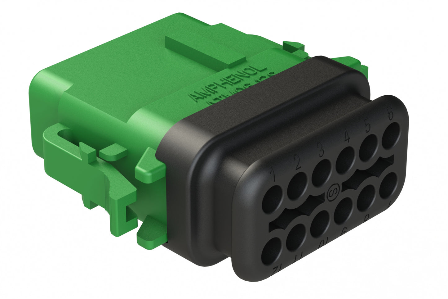 ATM06-12SC-SR1GN 12 Position, Plug, Socket, Standard Diameter Rear Seal (Red), SR01 Strain Relief, Keyed A, Green Body (Requires Wedgelock AWM-12S.). DTM06-12SC-E007