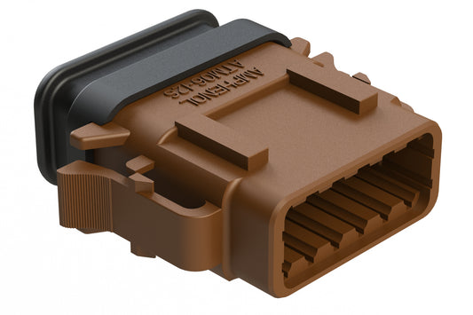 ATM06-12SD-SR1BN 12 Position, Plug, Socket, Standard Diameter Rear Seal (Red), SR01 Strain Relief, Keyed A, Brown Body (Requires Wedgelock AWM-12S.). DTM06-12SD-E007