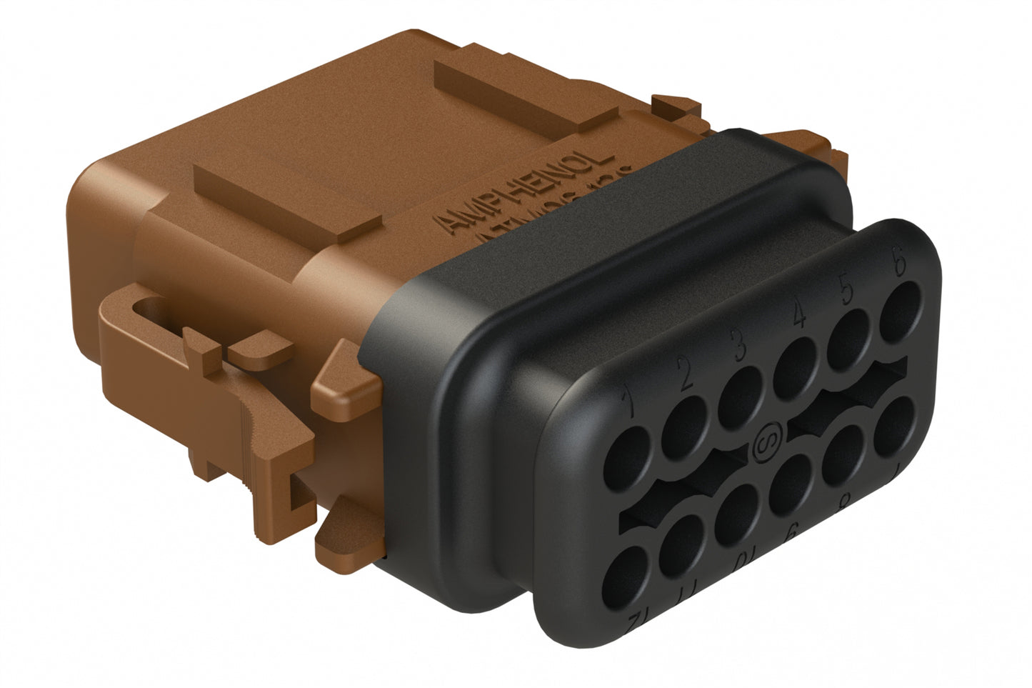 ATM06-12SD-SR1BN 12 Position, Plug, Socket, Standard Diameter Rear Seal (Red), SR01 Strain Relief, Keyed A, Brown Body (Requires Wedgelock AWM-12S.). DTM06-12SD-E007