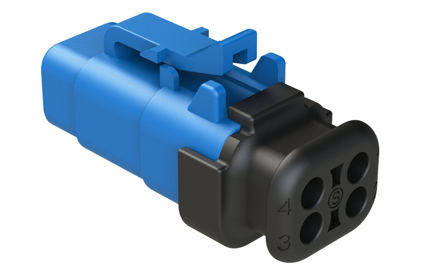 ATM06-4S-SR01BL 4 Position, Plug, Socket, Standard Diameter Rear Seal (Red), SR01 Strain Relief, Blue Body (Requires Wedgelock AWM-4S.)