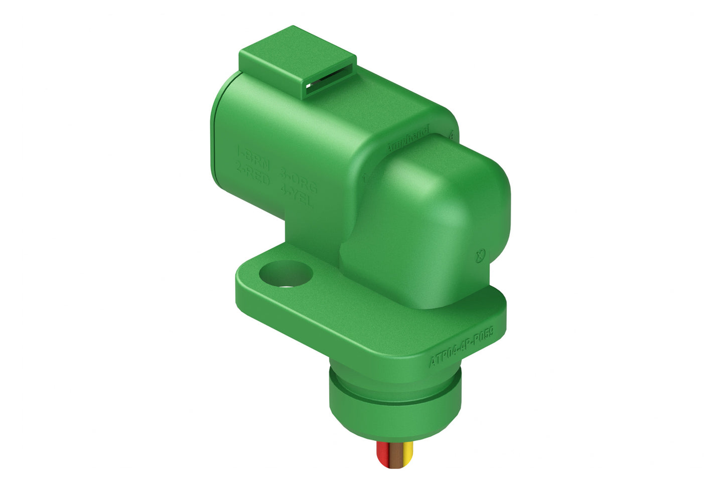 ATP04-4P-P059 4 Position 90° Flange Mount Receptacle, Pin Contacts, Feed Thru Wire Leads, Green. DTP04-4P-P059