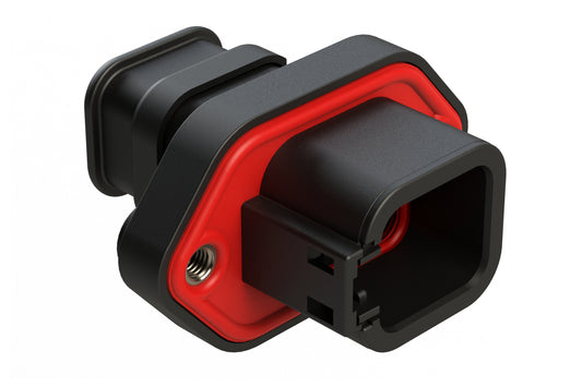 ATP04-6P-PM05SRBK 6 Position Panel Mount Receptacle with Flange, Pin, with Gasket and Threaded Insert, Endcap, Strain Relief, Standard Seal, Black