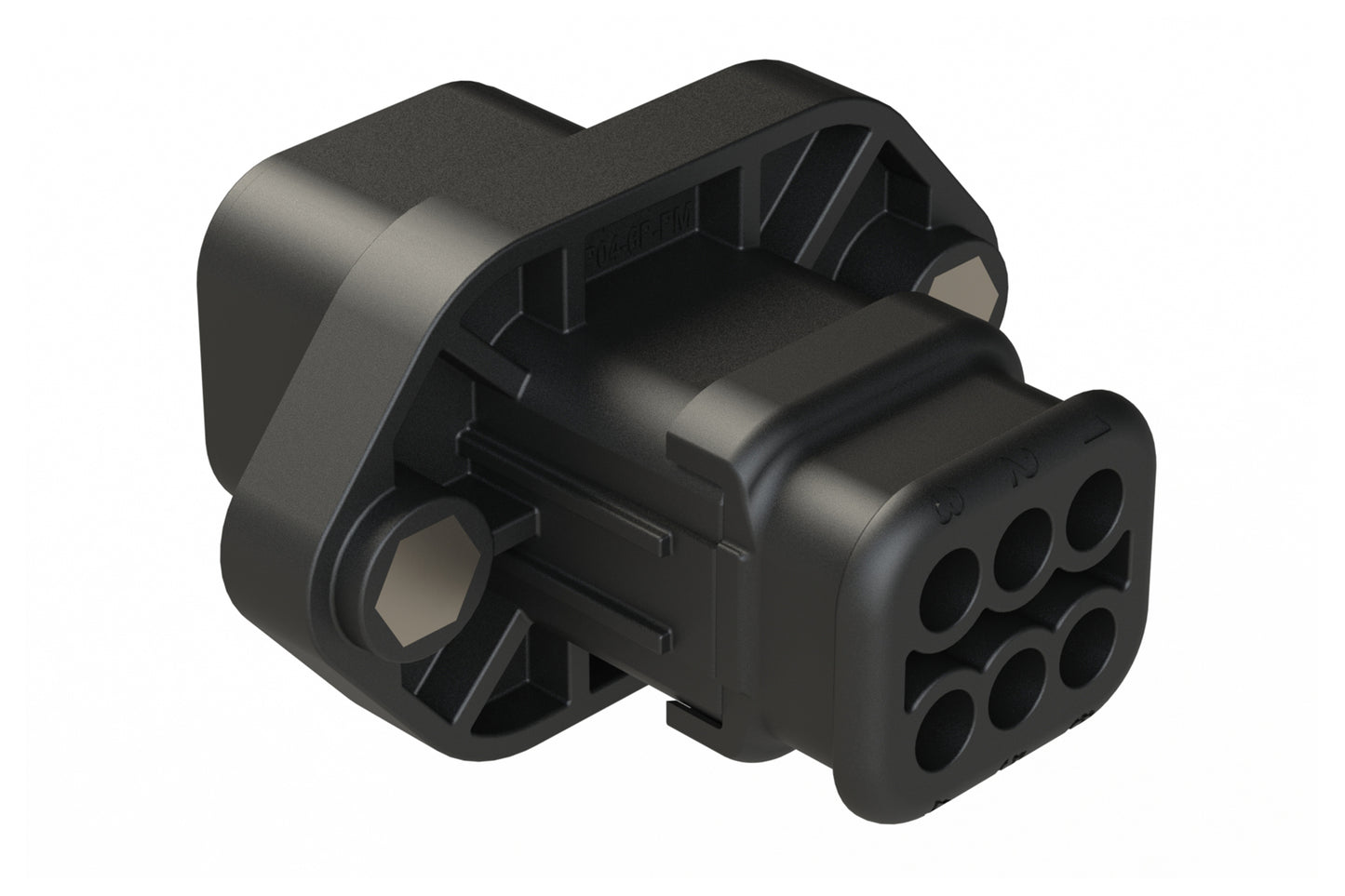 ATP04-6P-PM05SRBK 6 Position Panel Mount Receptacle with Flange, Pin, with Gasket and Threaded Insert, Endcap, Strain Relief, Standard Seal, Black