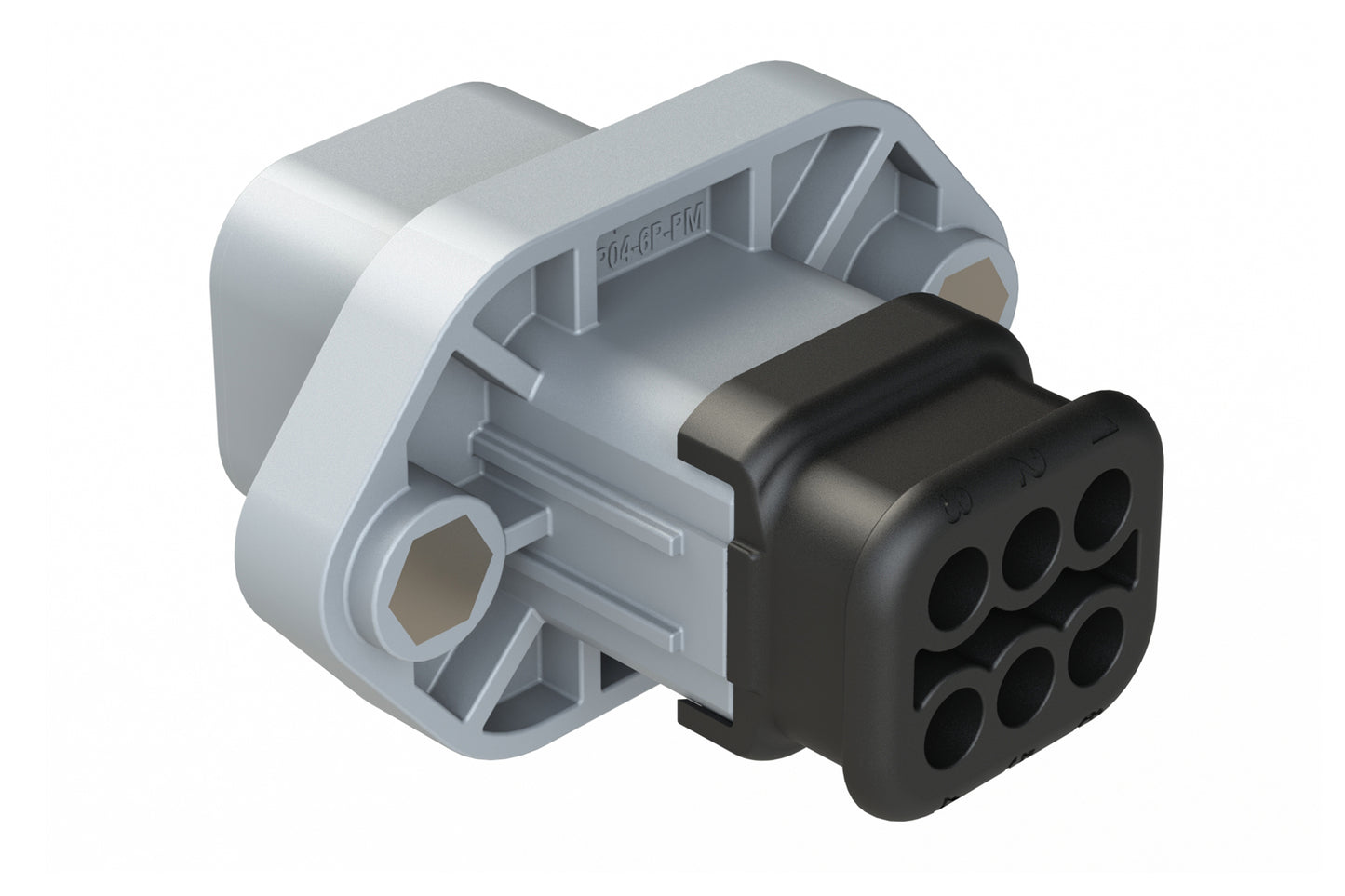 ATP04-6P-PM06SR 6 Position Panel Mount Receptacle with Flange, Pin, with Gasket and Threaded Insert, Endcap, Strain Relief, Reduced Diameter Seal, Grey