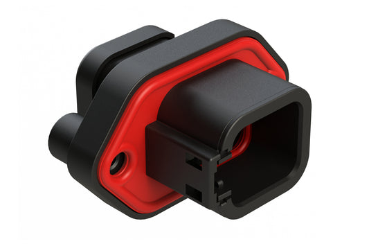 ATP04-6P-PM13BK 6 Position Panel Mount Receptacle with Flange, Pin, with Gasket, Self Tapping, End Cap, Black